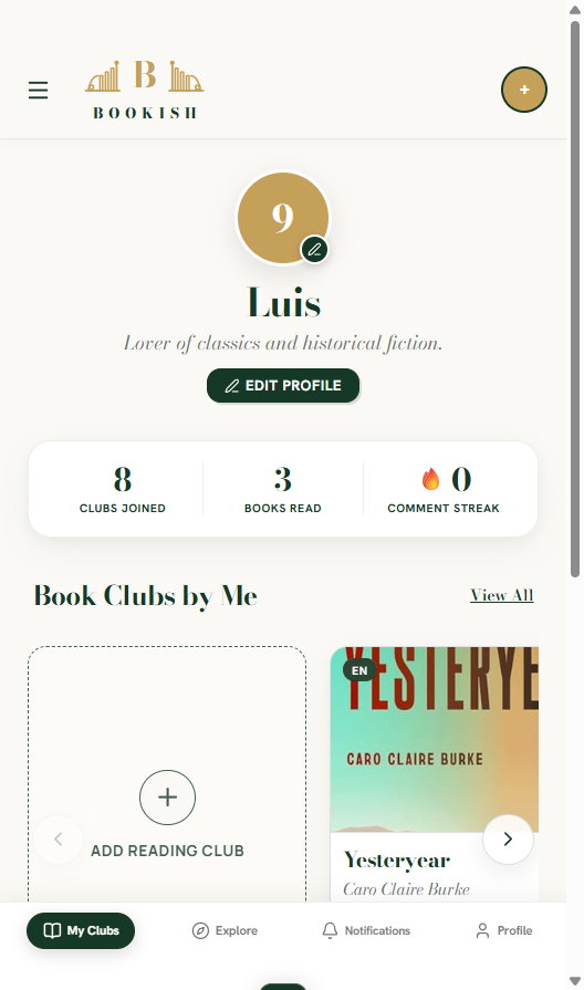 Bookish Private Reading Clubs Dashboard